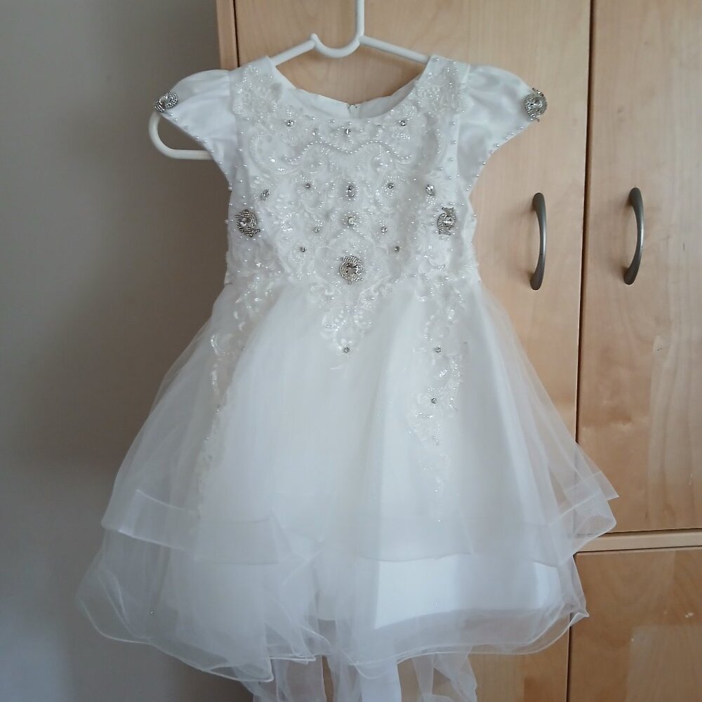 Flower Girl Elegant White Lace & Tulle with Silver Party Dress 5T New